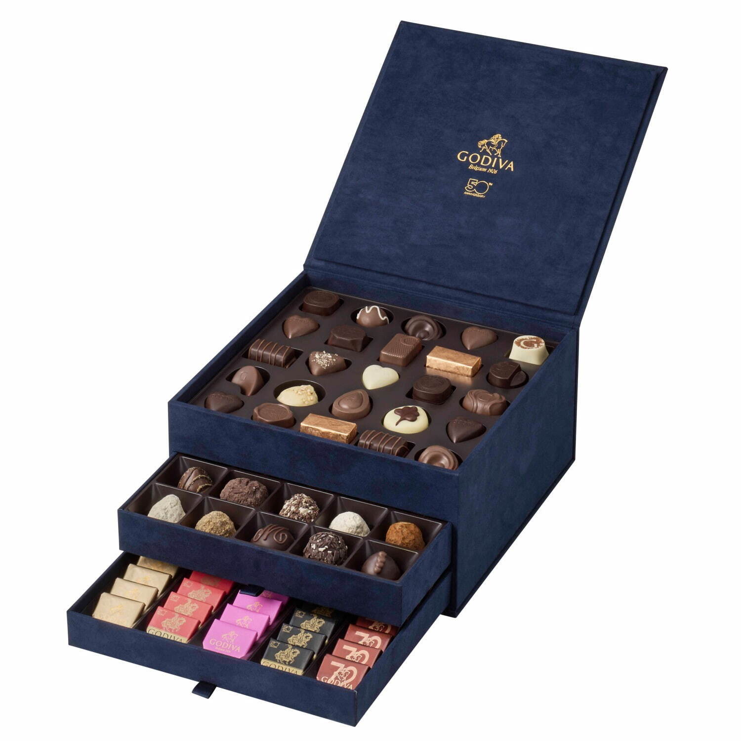 ゴディバの日本上陸50周年コレクション、全95粒入りの豪華3段ボックス
