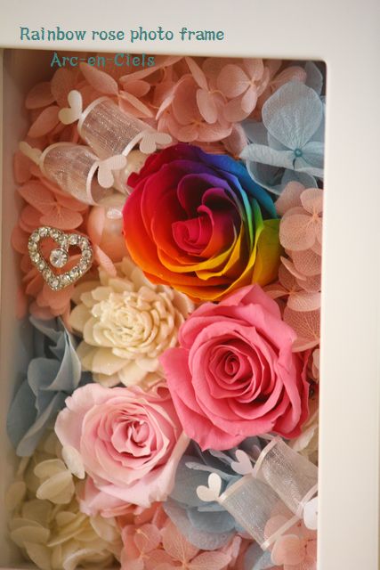 高級プリザーブドフラワー】レインボーローズ 花時計 フォトフレームL