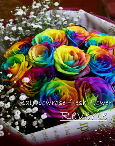 生花花束、花束、レインボーローズ花束、サプライズフラワー、退職祝い