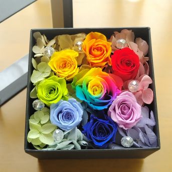 虹色のプリザーブドフラワー シースルーBOX レインボーローズ入り