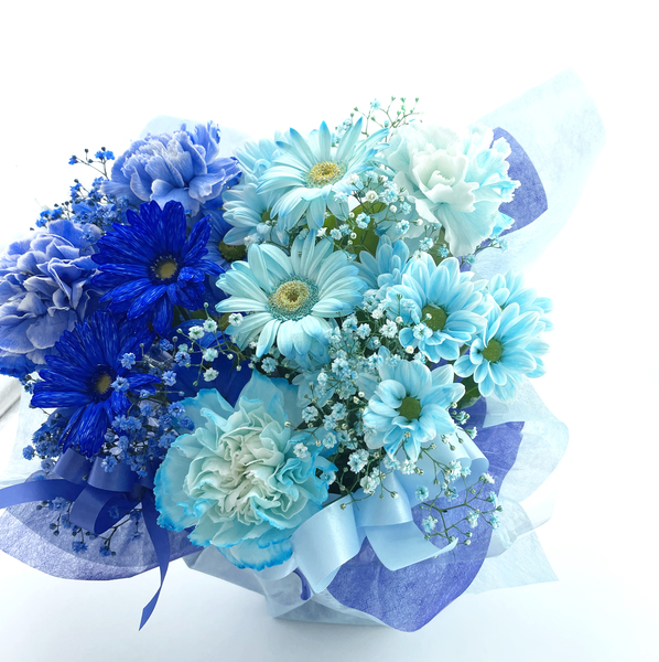 周年祝いの花＞フラワーアレンジメント *ブルー＆ターコイズ