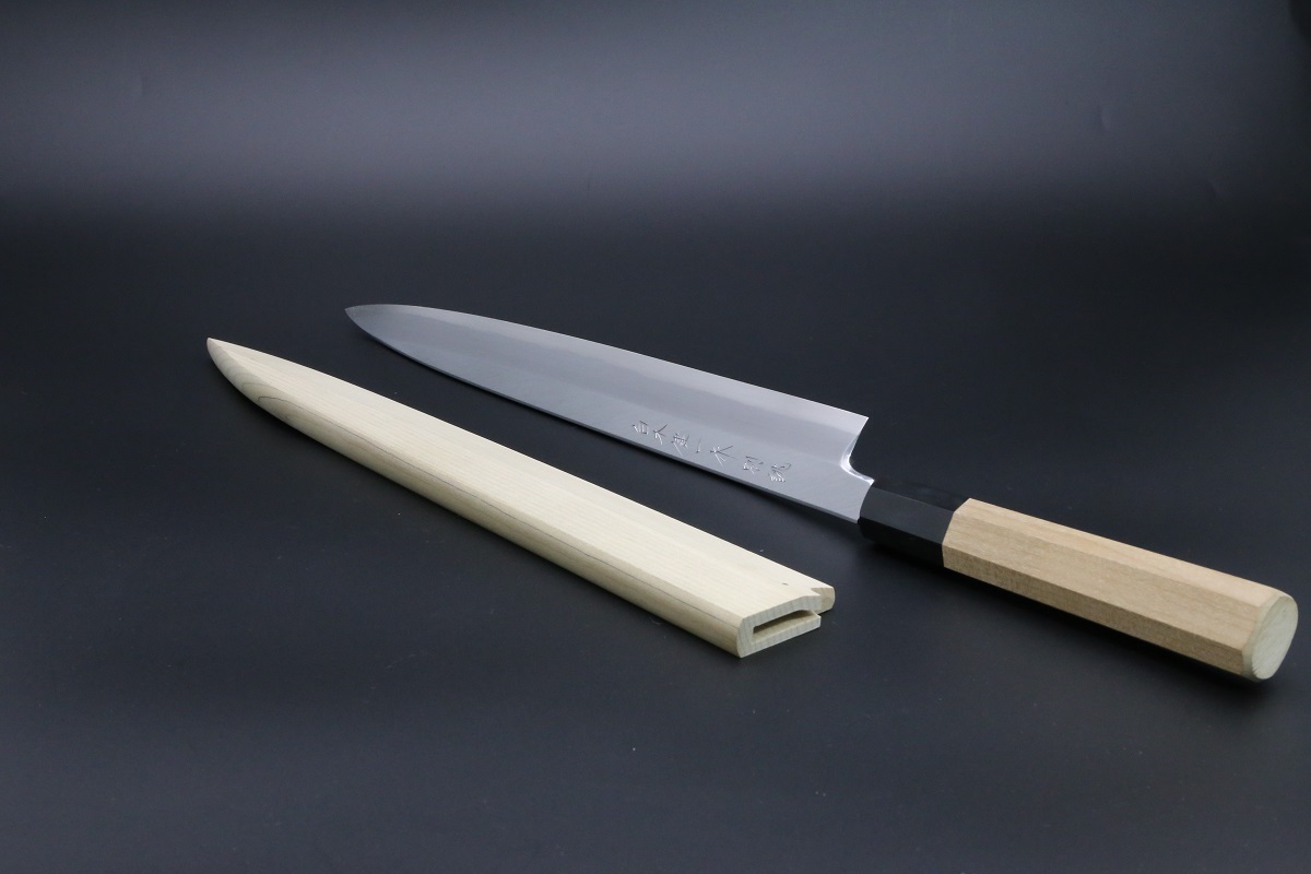 柳刃 青二鋼 300mm 本霞仕上 白木健一作-歌舞伎ナイフ