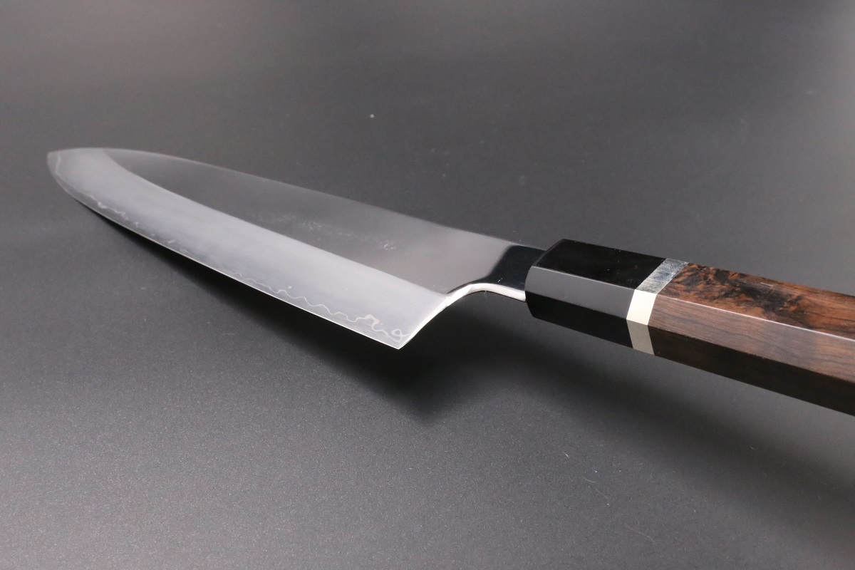 7555切付型特大牛刀 尺一ウルトラ鏡面仕上げ 両刃刺身包丁 黒檀五本銀