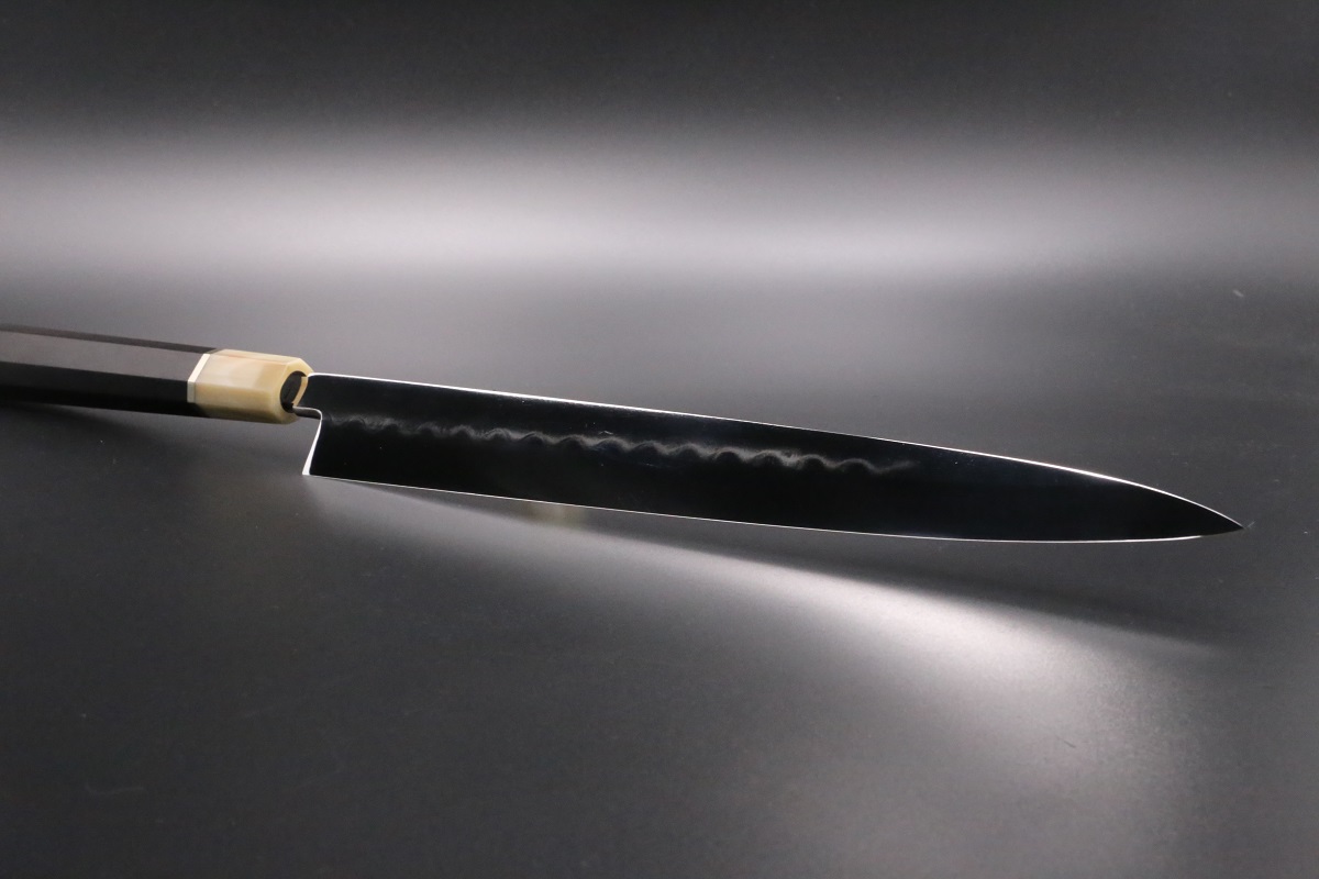 柳刃 青一鋼 300mm 水本焼 波浮かし刃文 全鏡面仕上 池田美和作 刃付