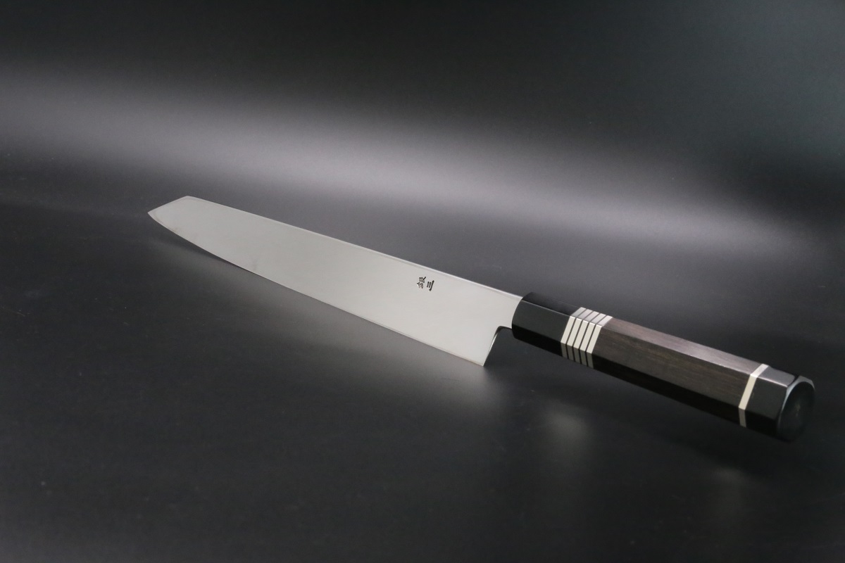 12.先丸柳刃 尺2寸 伝統工芸士 山塚氏作 本物保証 全鏡面 銀三鋼 黒檀