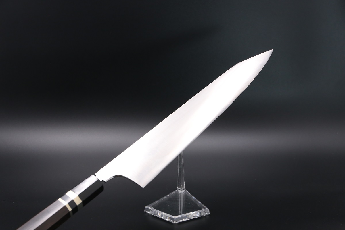 勘所型 切付和牛刀 V金10号 330mm 全鋼本焼 木砥仕上 八角黒檀柄-歌舞