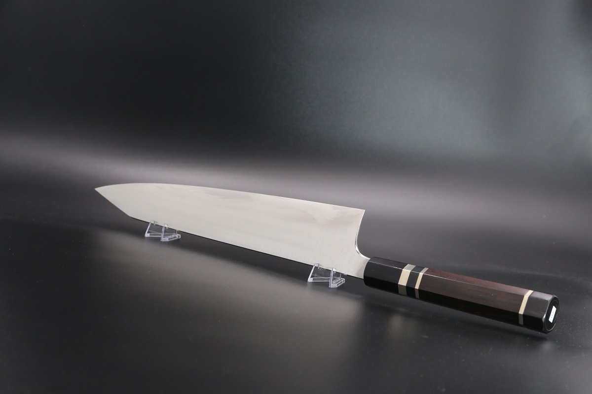 勘所型 切付和牛刀 V金10号 330mm 全鋼本焼 木砥仕上 八角黒檀柄-歌舞