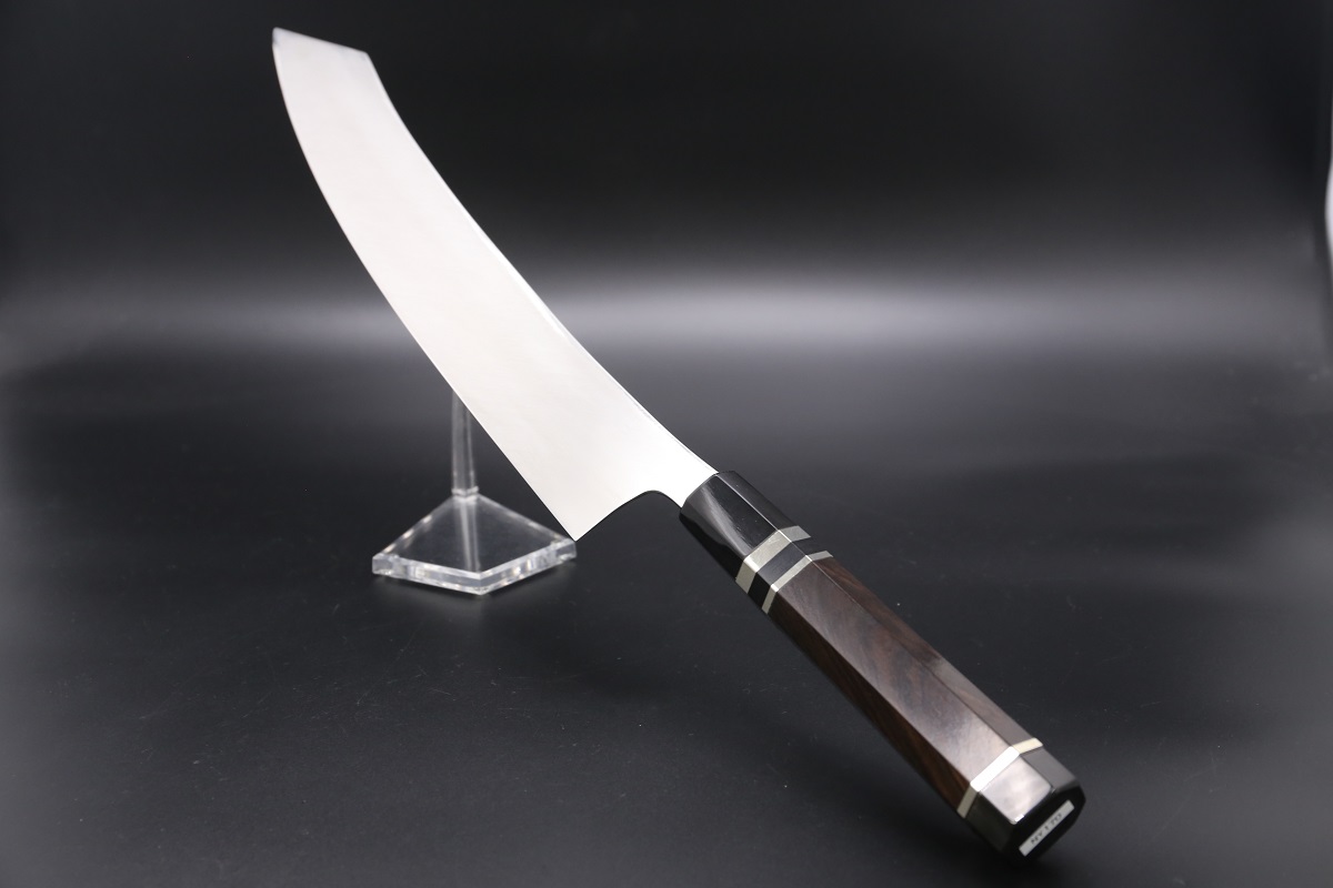 特注 切付柳刃 V金10号 390mm 全鋼本焼 平鏡面 巾広52mm 鬼反り 黒檀柄