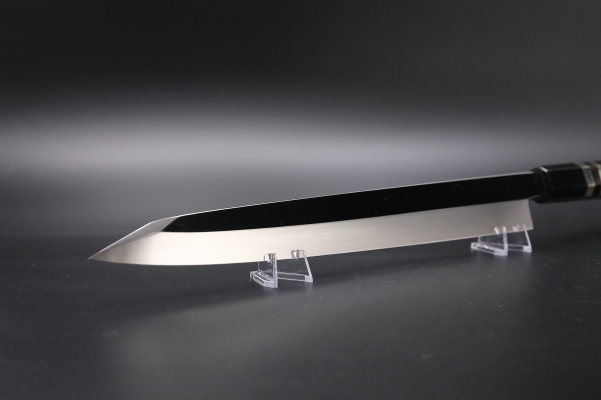 切付柳刃 銀三本焼 300mm 平鏡面 黒檀柄 鞘付き【左利き用】-歌舞伎ナイフ