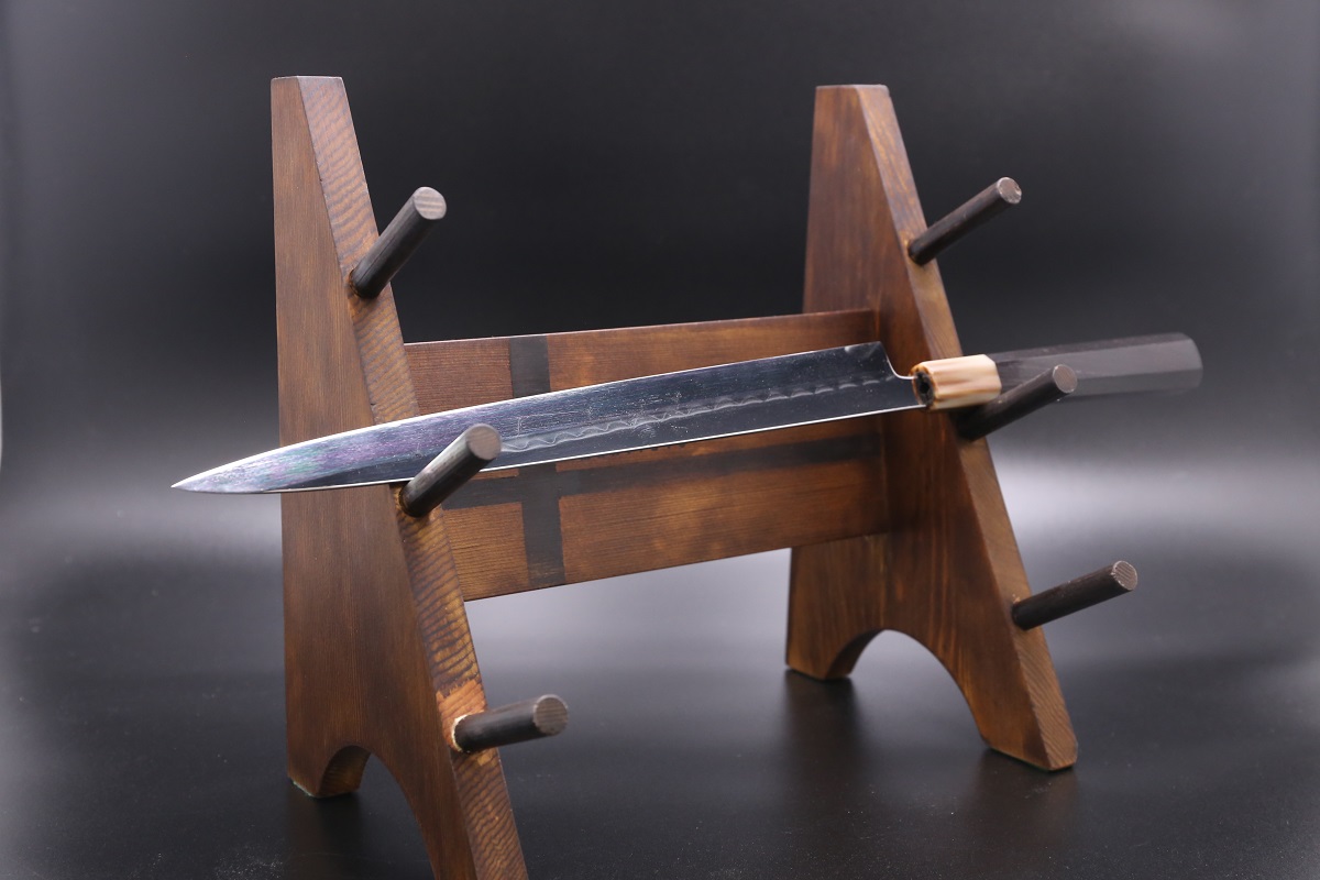 ふぐ引 青鋼 300mm 水本焼 全鏡面 八角黒檀柄 鞘付き 白木健一作-歌舞