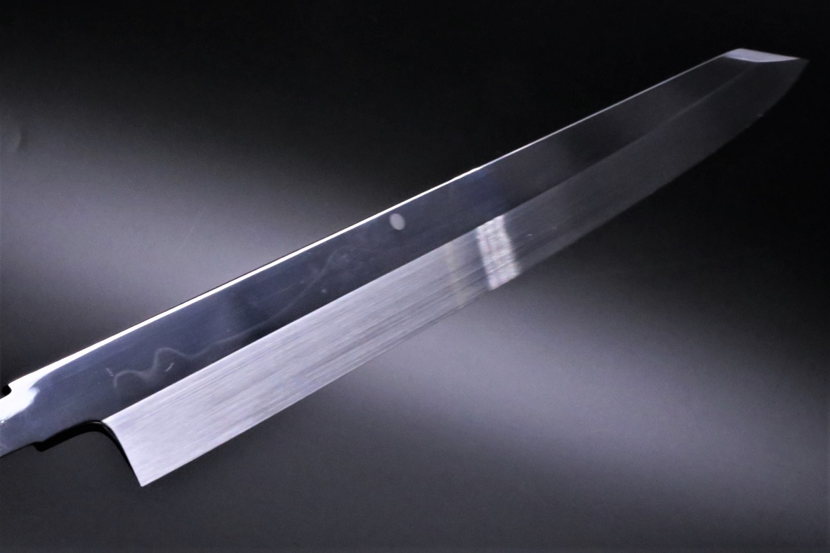 切付柳刃 白一鋼 水本焼 360mm 富士掛かり満月 両鏡面 八角黒檀柄 玄海