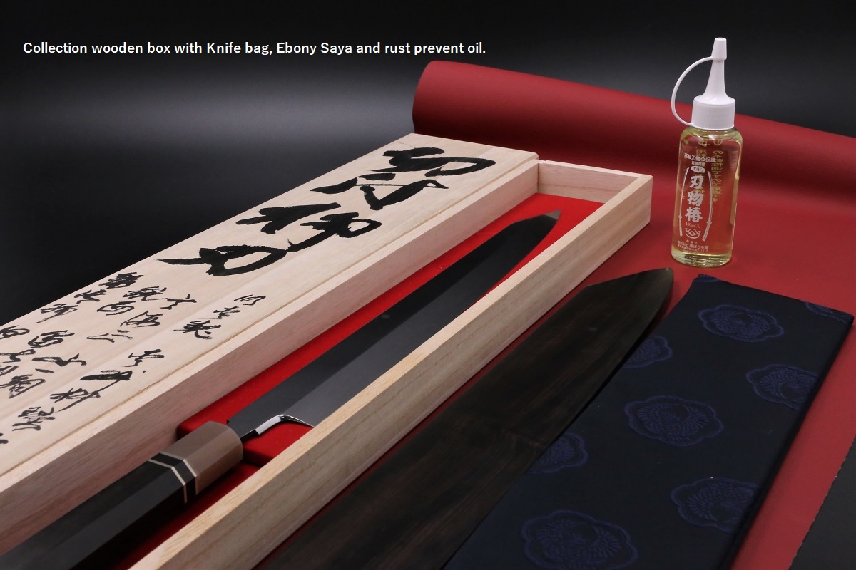 切付柳刃 白一鋼 水本焼 360mm 富士掛かり満月 両鏡面 八角黒檀柄 玄海