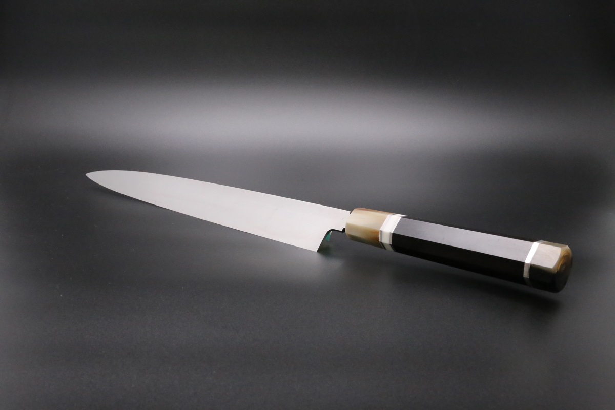 柳刃 白一鋼 330mm 水本焼 正行作 八角黒檀柄 池田辰男作-歌舞伎ナイフ