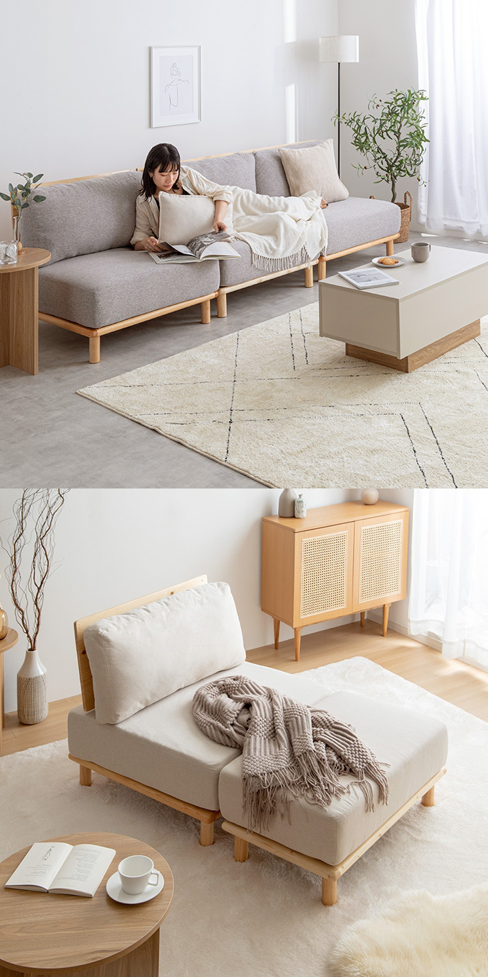 ソファー Ricordo ファブリックローソファ2脚+オットマン1脚 3点セット