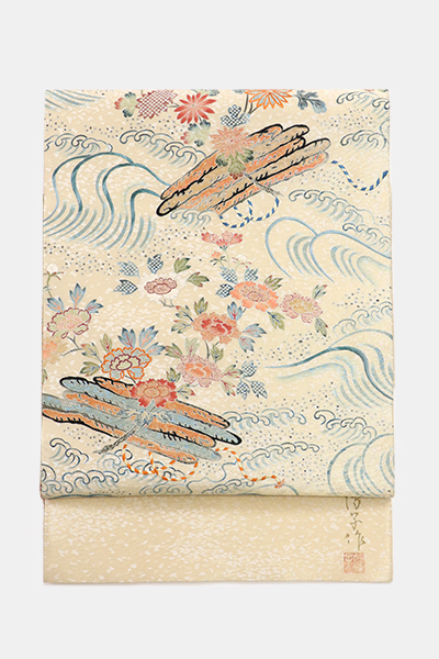 銀座【帯4174】熊谷好博子作 袋帯 白色 花筏文 (落款入) – 銀座きもの青木