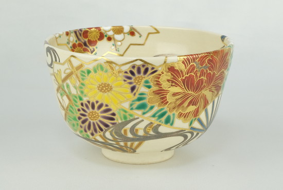 栗山園オンライン通販部 / 【出物】 仁清写四季草花扇面茶碗 木場紅園