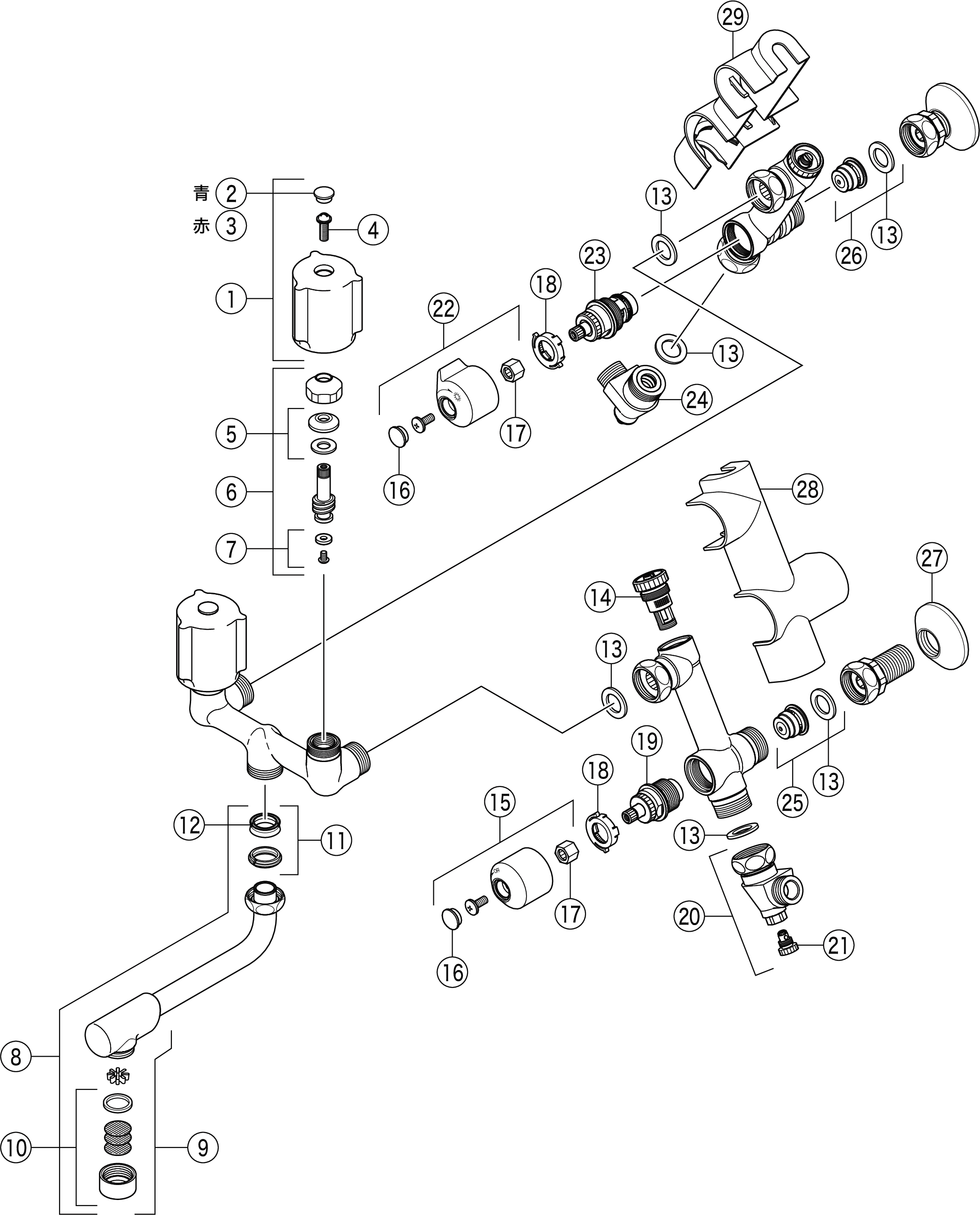 ソーラー2ハンドル混合栓併用形（170mmパイプ付）：KM13N2SL｜浴室