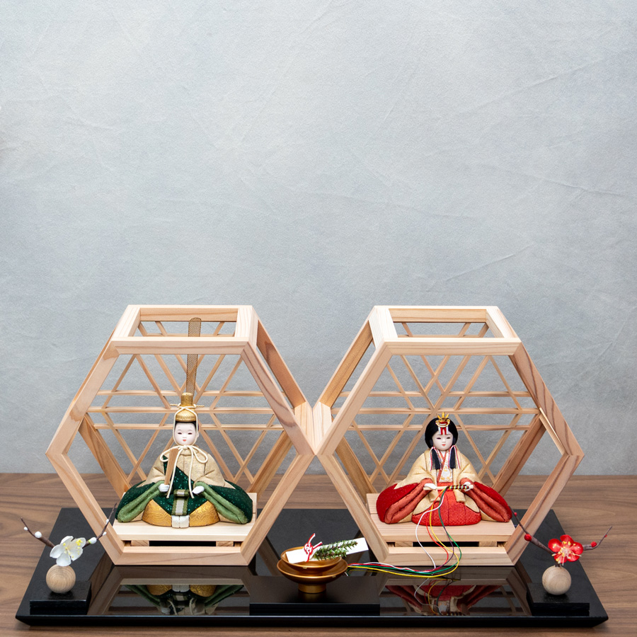 木村一秀作 甲州印伝 小桜柄 秋田杉八角形やまももひな親王飾りセット