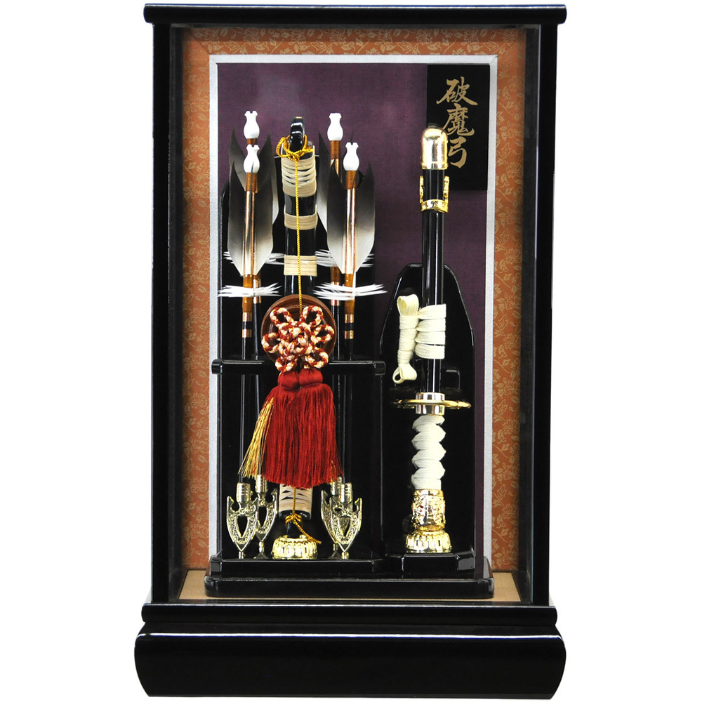 破魔弓ケース入り飾りセット【A1351】 重厚感ある黒塗り木製ガラス