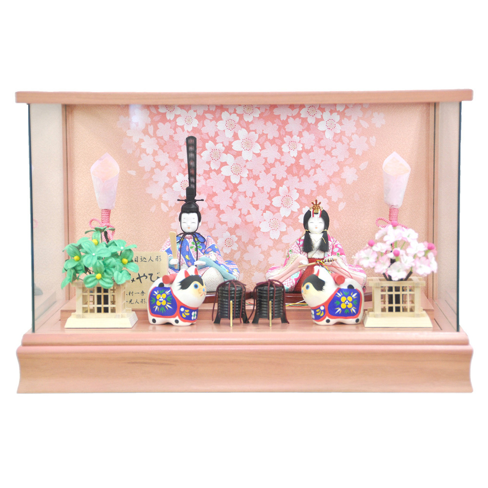雛人形 木目込ケース飾り【P83424】 可愛い木製桃色枠のガラスケースが