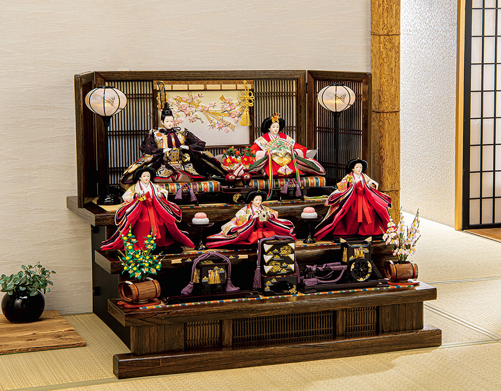 雛人形 三段 五人飾り【P80104】 格子細工と桜熨斗目が、雅な平安宮廷