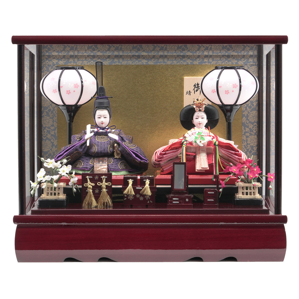 雛人形 親王ケース飾り【P80305】 豪華なお道具に清楚なお顔のシックな