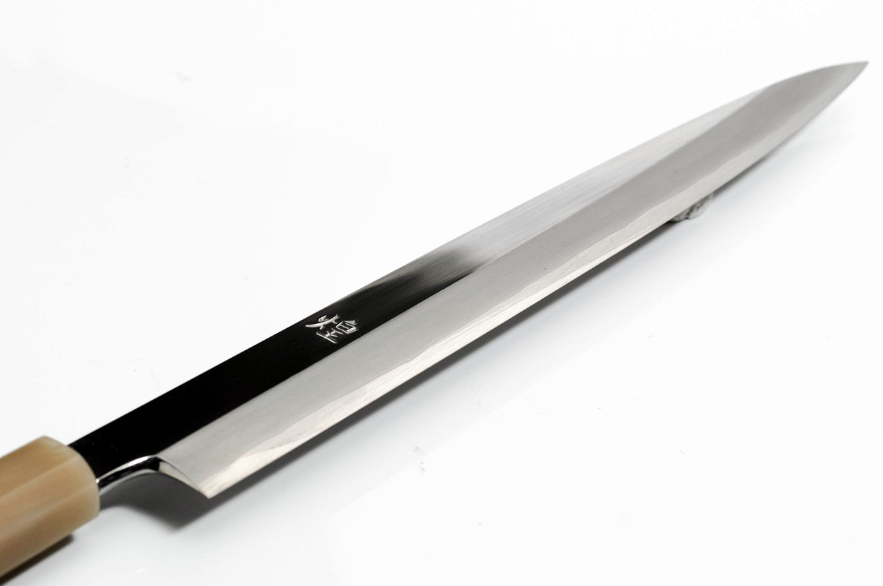 煌 スーパーゴールド2 鏡面仕上 柳刃包丁 黒檀白水牛洋白巻柄 – 堺