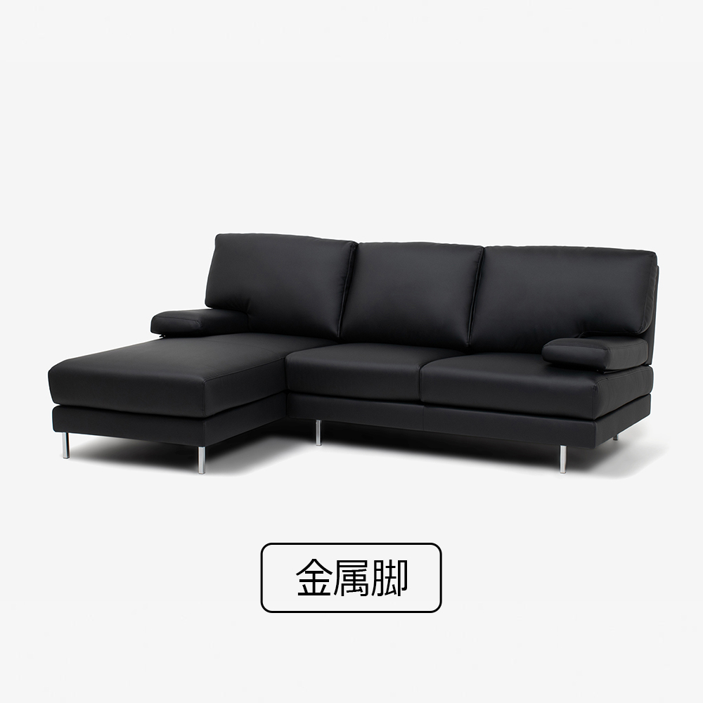 カウチソファ 向って左カウチ「ベローナ2」ソフトレザーブラック色
