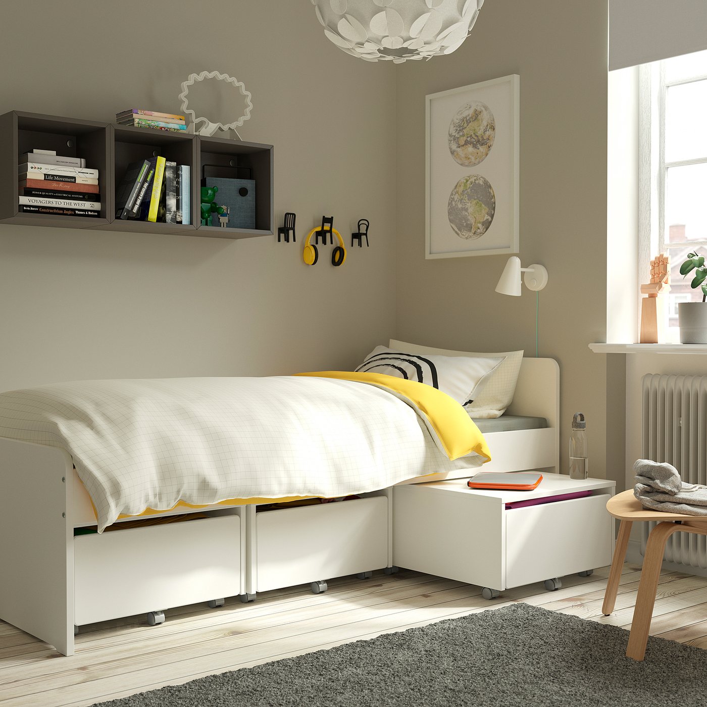 SLÄKT スレクト ベッドフレーム 収納ボックス3個付き, ホワイト