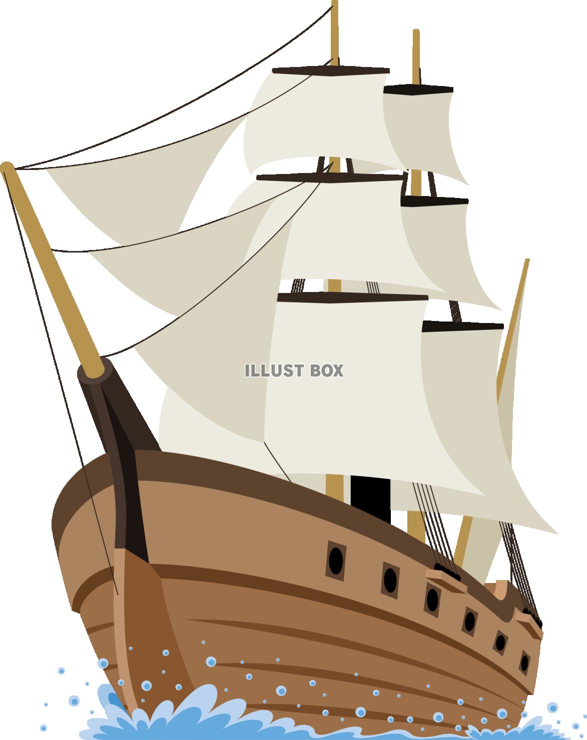 航海中の昔の西洋の木造の帆船：イラスト無料