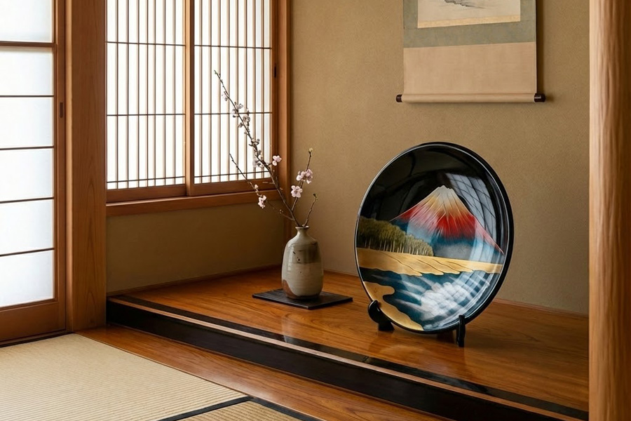 飾り皿 富士に松原 黒 木製 漆塗り 絵皿 インテリア 漆器の井助