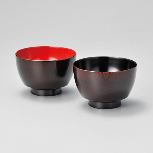 夫婦汁椀 欅振袖 木地呂内朱・内黒 2客セット 木製 漆塗り 12-03303