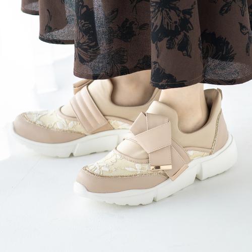 ハンズフリー】ノットリボン2WAYスリッポンスニーカー(M アイボリー