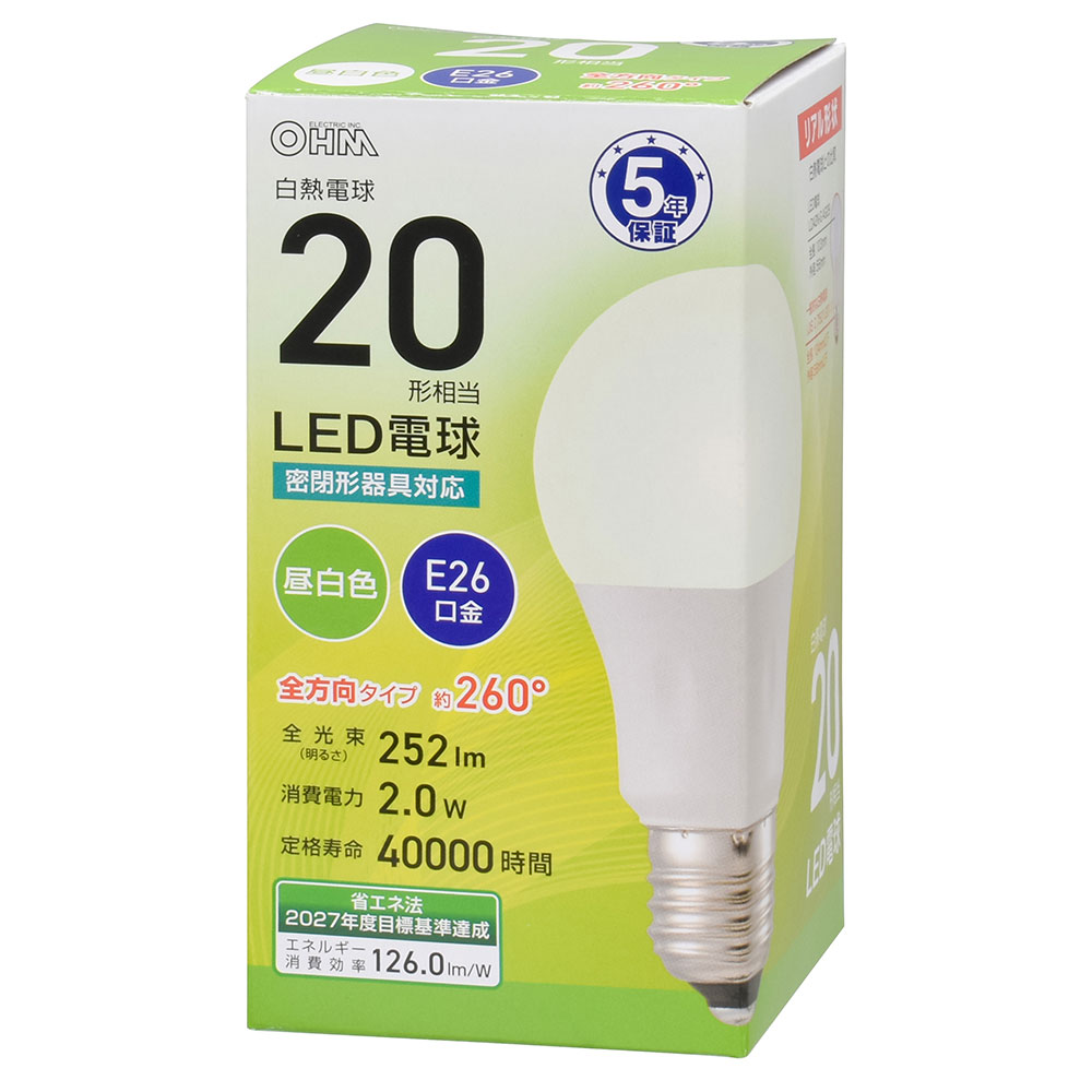LED電球 E26 20形相当 昼白色 [品番]06-5302｜株式会社オーム電機