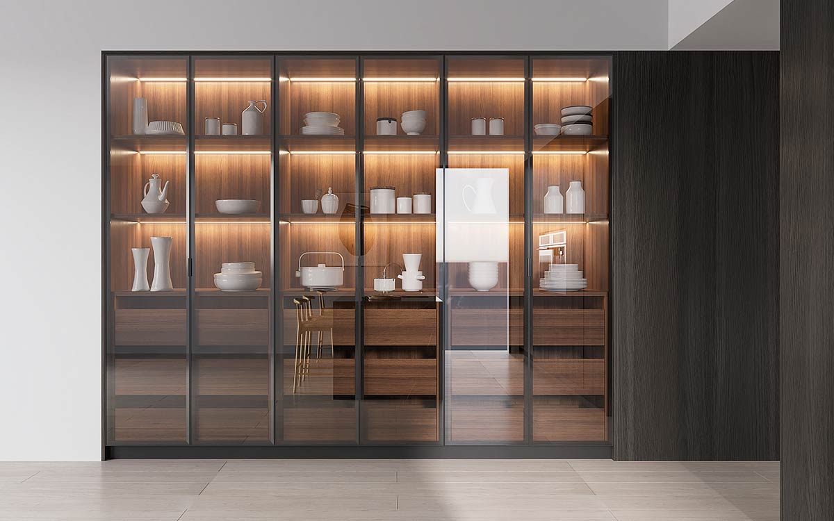 ダークウッドのキッチンキャビネットとグレーのカウンタートップ | OPPOLIA