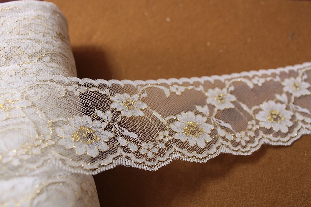 レースのお店 ななか ☆ラッセルレース 金ラメ／ホワイト 日本製 幅6.7