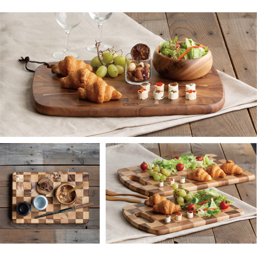 Acacia Wood 】チェック 木製 カッティングボード 紐付き サイズL 40cm