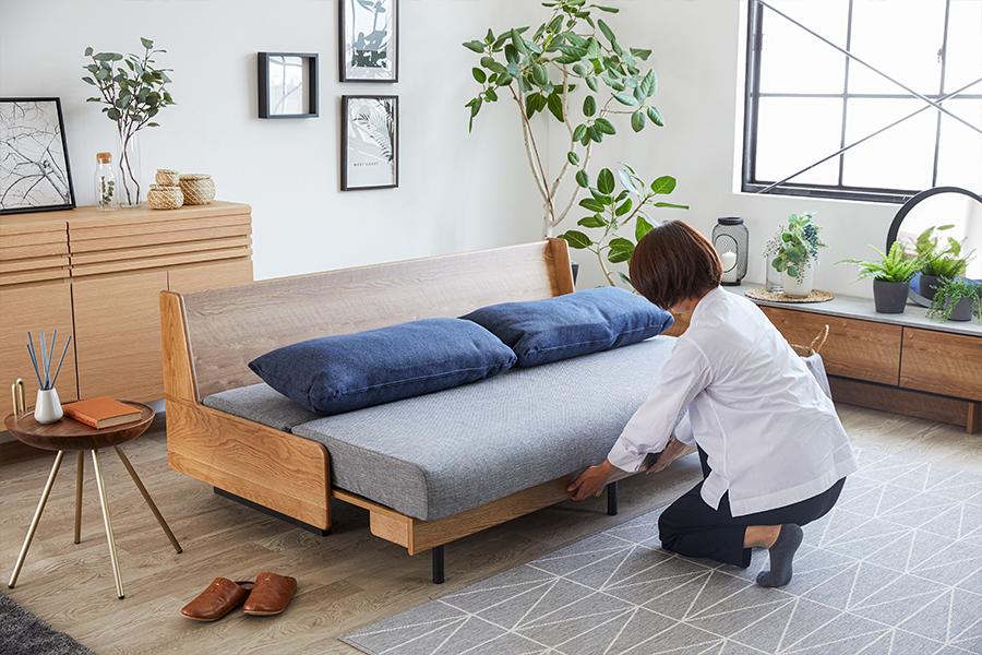 無垢材ソファベッド ブラウン×ライトグレー - ローソファ・フロア