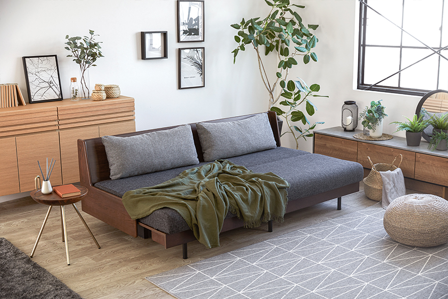 無垢材ソファベッド ブラウン×ダークグレー - ローソファ・フロア