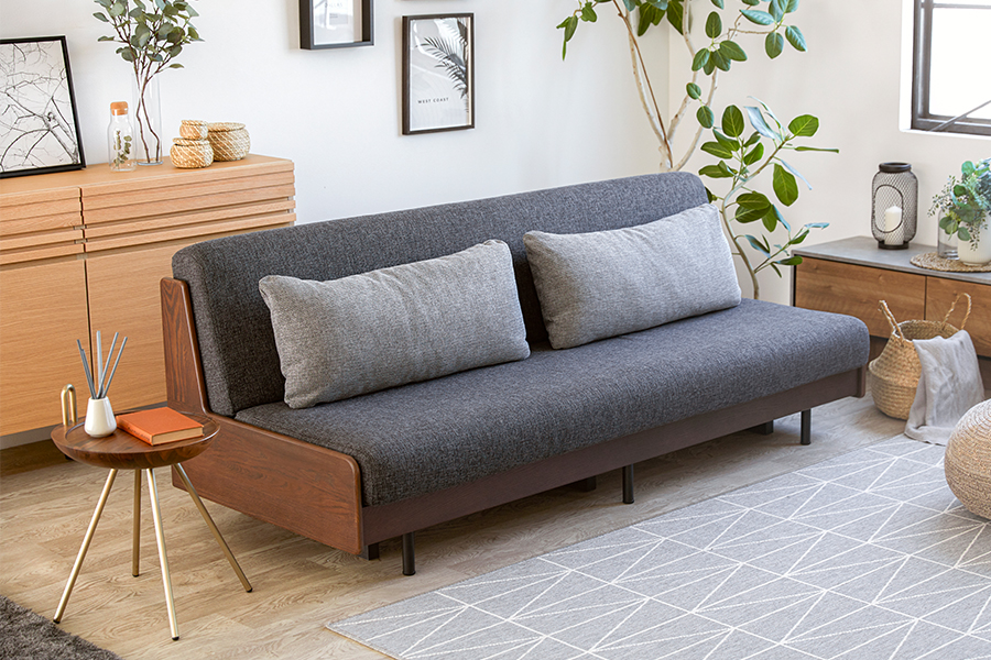 無垢材ソファベッド ブラウン×ダークグレー - ローソファ・フロア