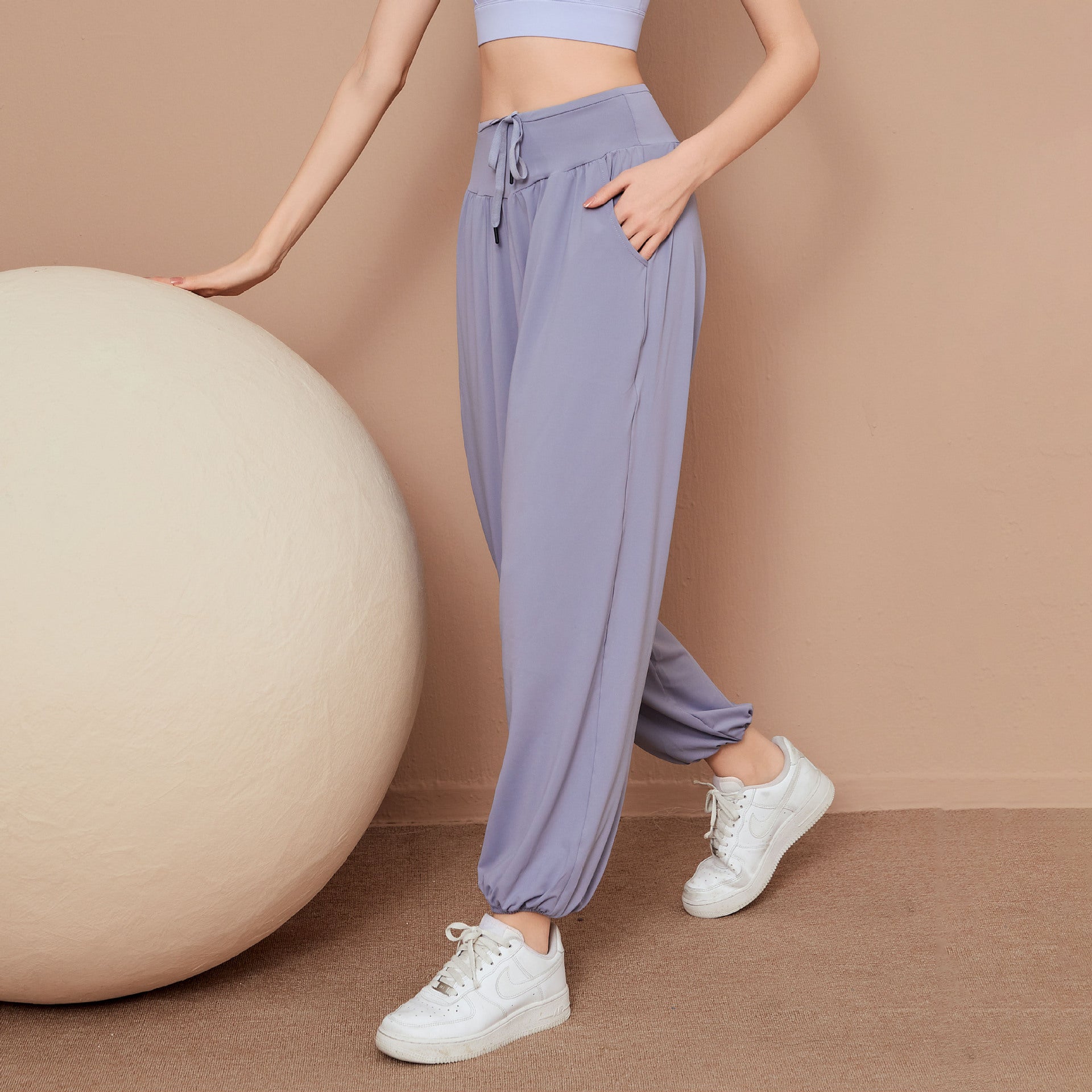 ジョガーパンツ ヨガパンツ ポケット付き リボン ハイウエスト 薄手