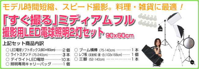 すぐ撮る」ミディアムフル レフ板＆三脚付 撮影用LED電球照明2灯セット