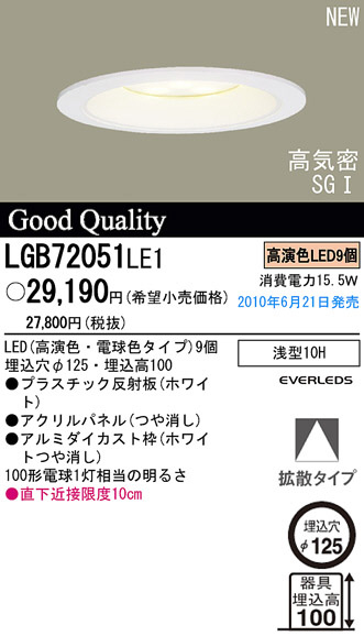 PANASONIC パナソニック電工 ダウンライト LGB72051LE1 | 商品紹介