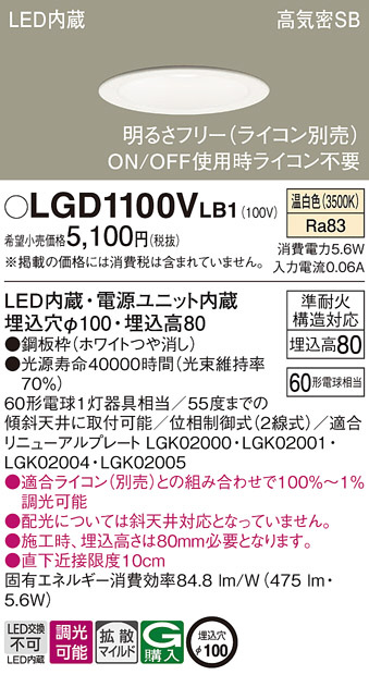 Panasonic ダウンライト LGD1100VL 8個入 Panasonic ダウンライト