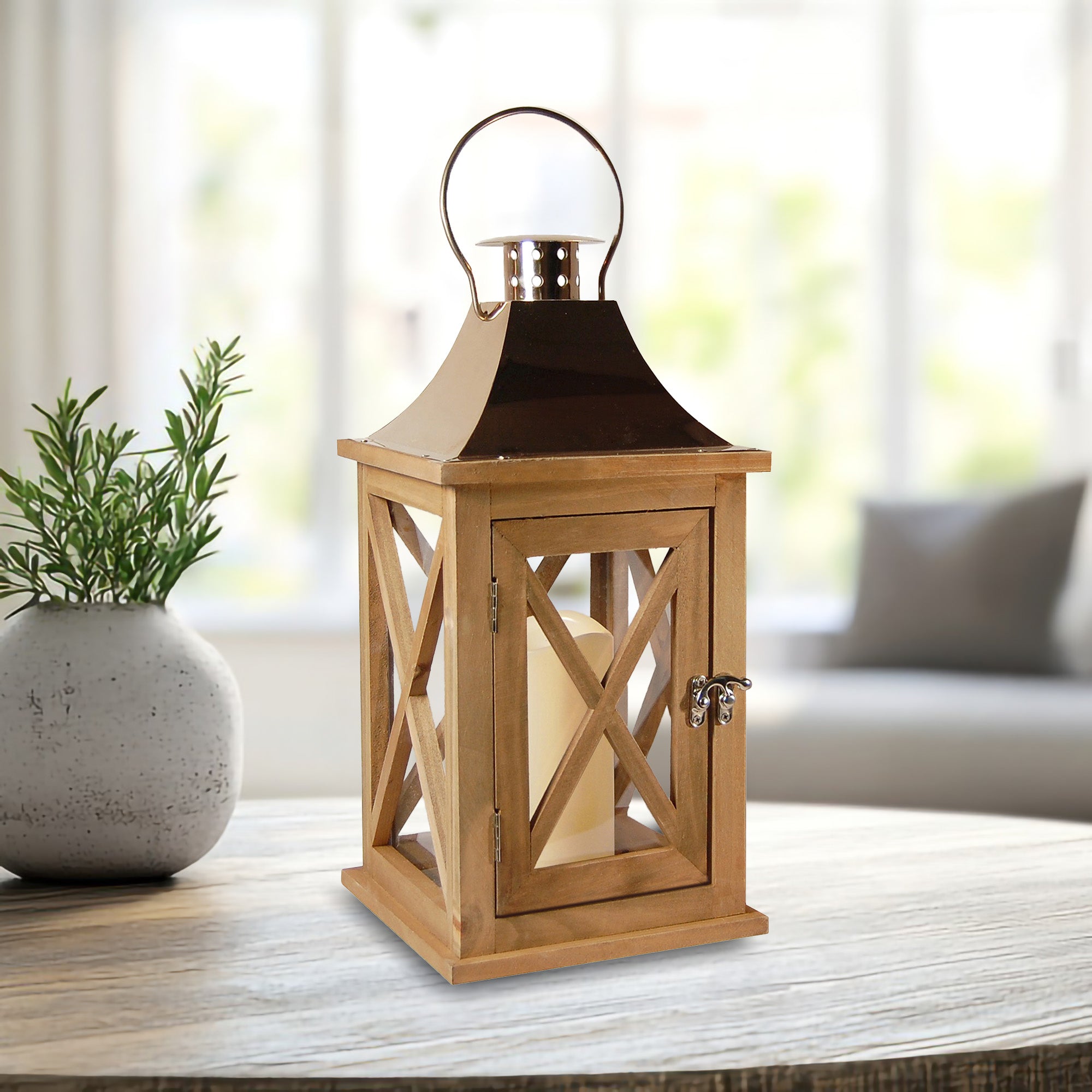 Wooden Lantern with Battery-Operated Candle - Natural with Copper