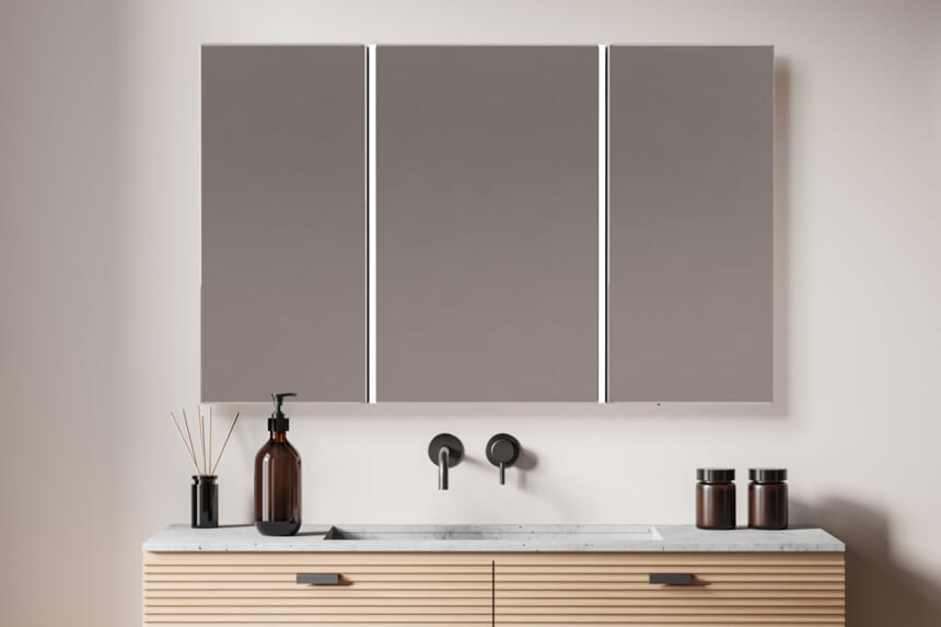 LED一体型ミラーキャビネット 曇り止めヒーター付き 一面鏡 三面鏡