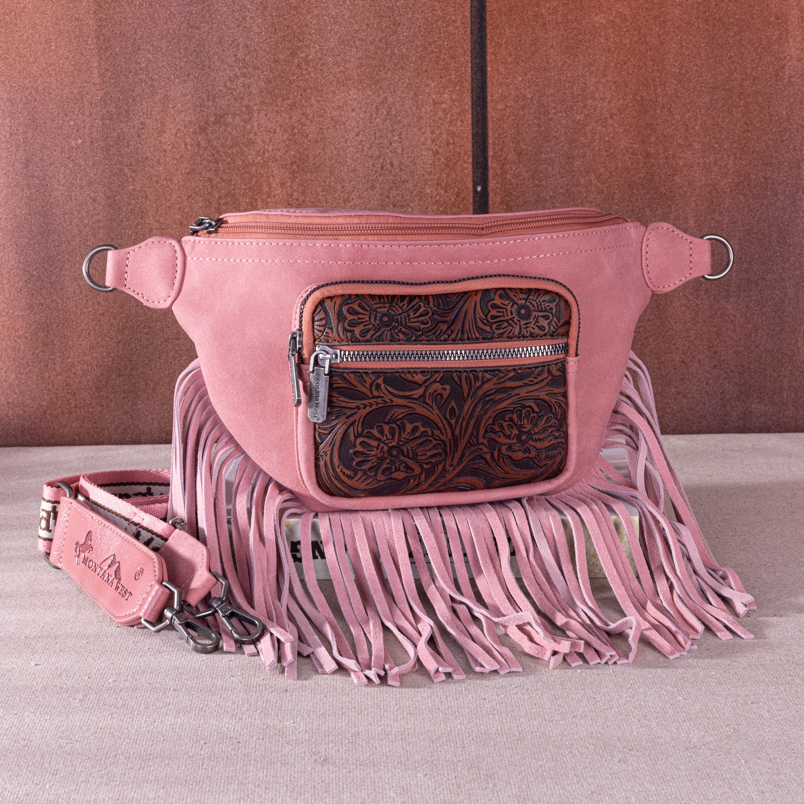 MW1276-194 Montana West Floral Tooled Fringe Fanny Pack - Pink