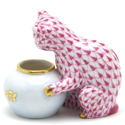 ヘレンド(Herend) ねこ 置物 猫と金魚鉢 ピンクの鱗模様(VHP-15710