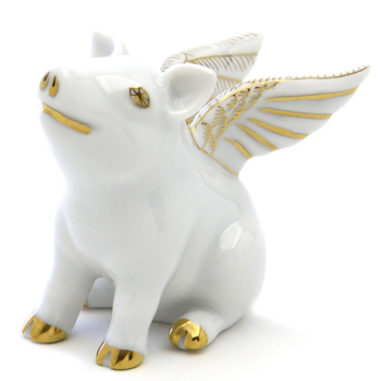 ヘレンド(Herend) ぶた 置物 豚が飛ぶ時(A-OR-15299) 白磁金彩 手描き