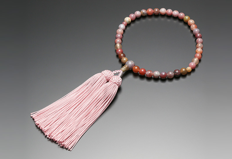 女性用数珠] ピンクインド瑪瑙 共仕立 正絹頭付房【桐箱入・片手略式